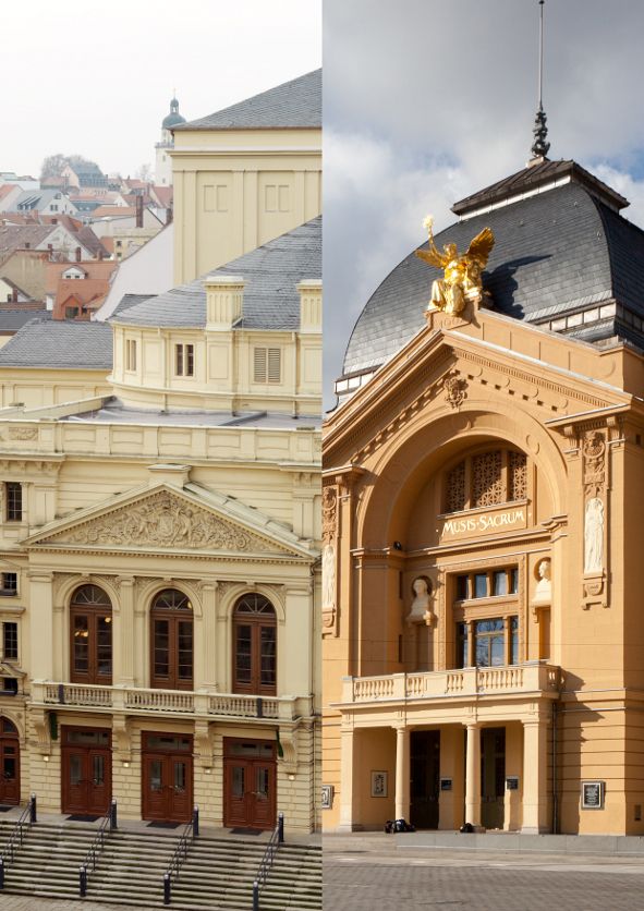 Theater und Philharmonie Thüringen / Großes Haus der Bühnen der Stadt Gera (rechts) Landestheater Altenburg Collage © Stephan Walzl