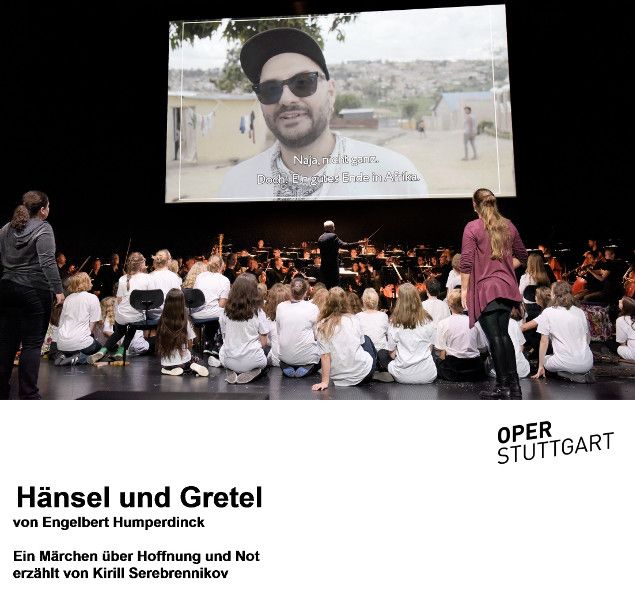 Oper Stuttgart / Hänsel und Gretel - hier Ensemble, Kinderchor, Staatsorchester, auf dem Bildschirm Kirill Serebrennikov © Thomas Aurin