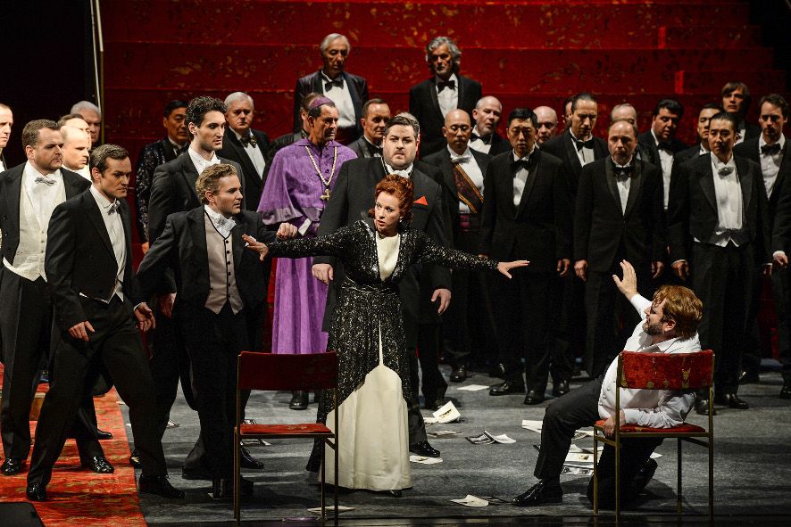 Nationaltheater Mannheim / Tannhäuser - hier : Joachim Goltz, Andreas Hermann, Raphael Wittmer, Patrick Zielke, Astrid Kessler (Elisabeth), Frank van Aken (Tannhäuser r.)  © Hans Joerg Michel