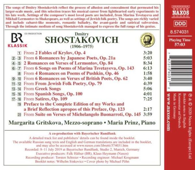 Dmitri Shostakovich - Songs and Romances, Margarita Gritskova - Maria Prinz, Piano - CD Naxos 8.574031 2020.