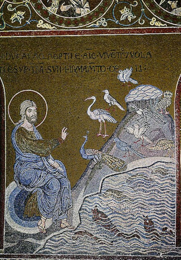 Die Erschaffung von Fischen und Vögeln _ Byzantinisches Mosaik in Monreale, Palermo © Wikimedia Commons 