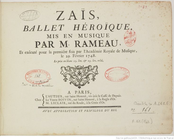 Stadttheater Biel / Zais - Barockoper von Jean-Philippe Rameau - hier die Ankündigung zur Premiere 1748 © gallica.bnf.fr / Bibliothèque nationale de France 