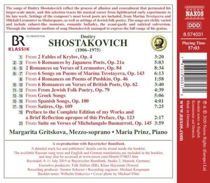 Dmitri Shostakovich Songs and Romances, Margarita Gritskova, IOCO CD