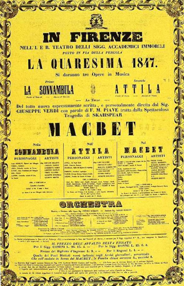 MACBETH - Ankündigung 1847 in Florenz © Wikimedia Commons